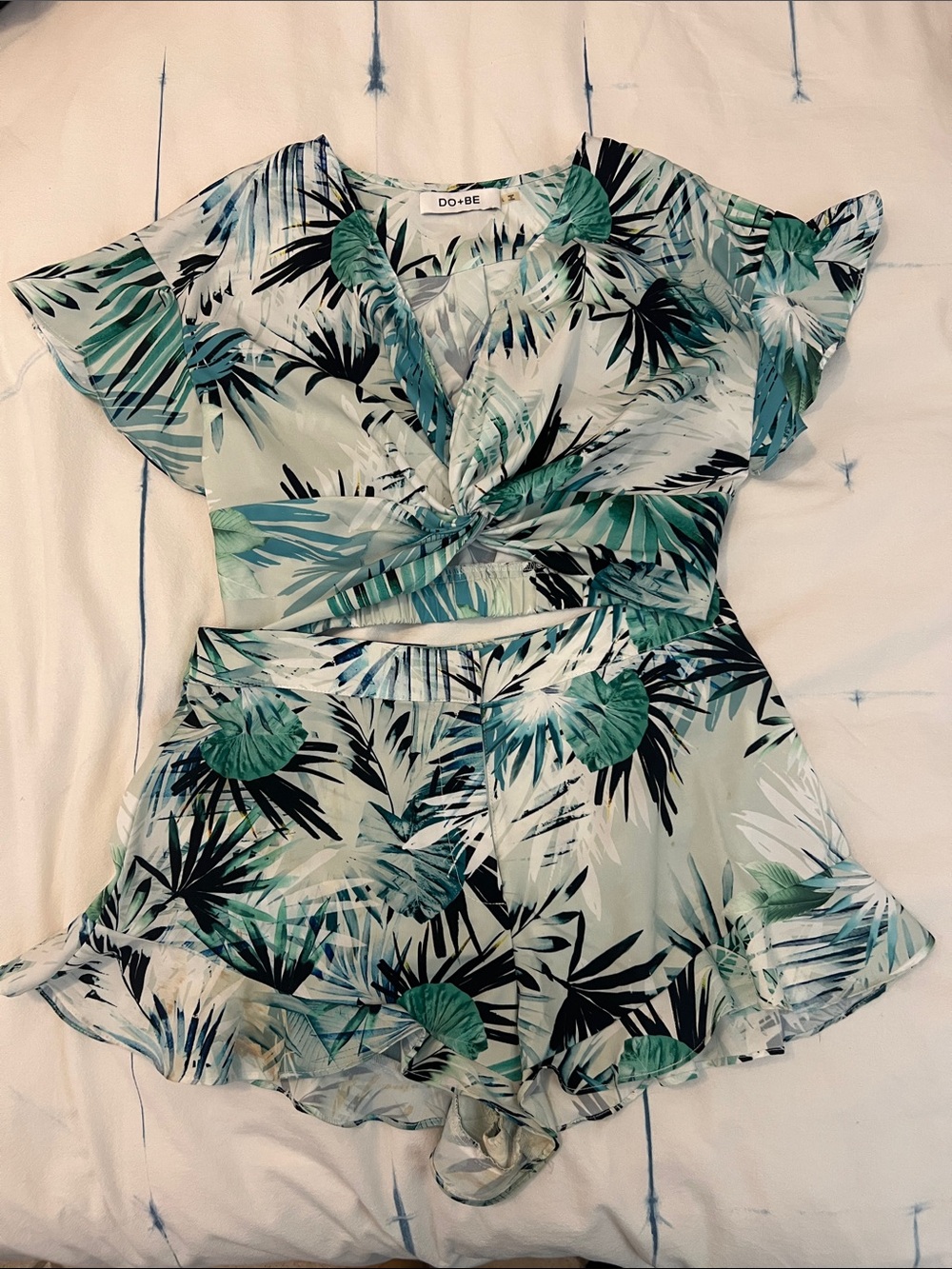 DO+BE Mint and Green Tropical Wrap Crop Top and Matching Shorts